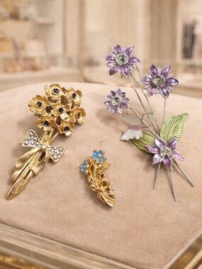 Lot of 3 Flower Bouquet Bow Butterfly Purple Gold Tone Rhinestone Brooch Pin